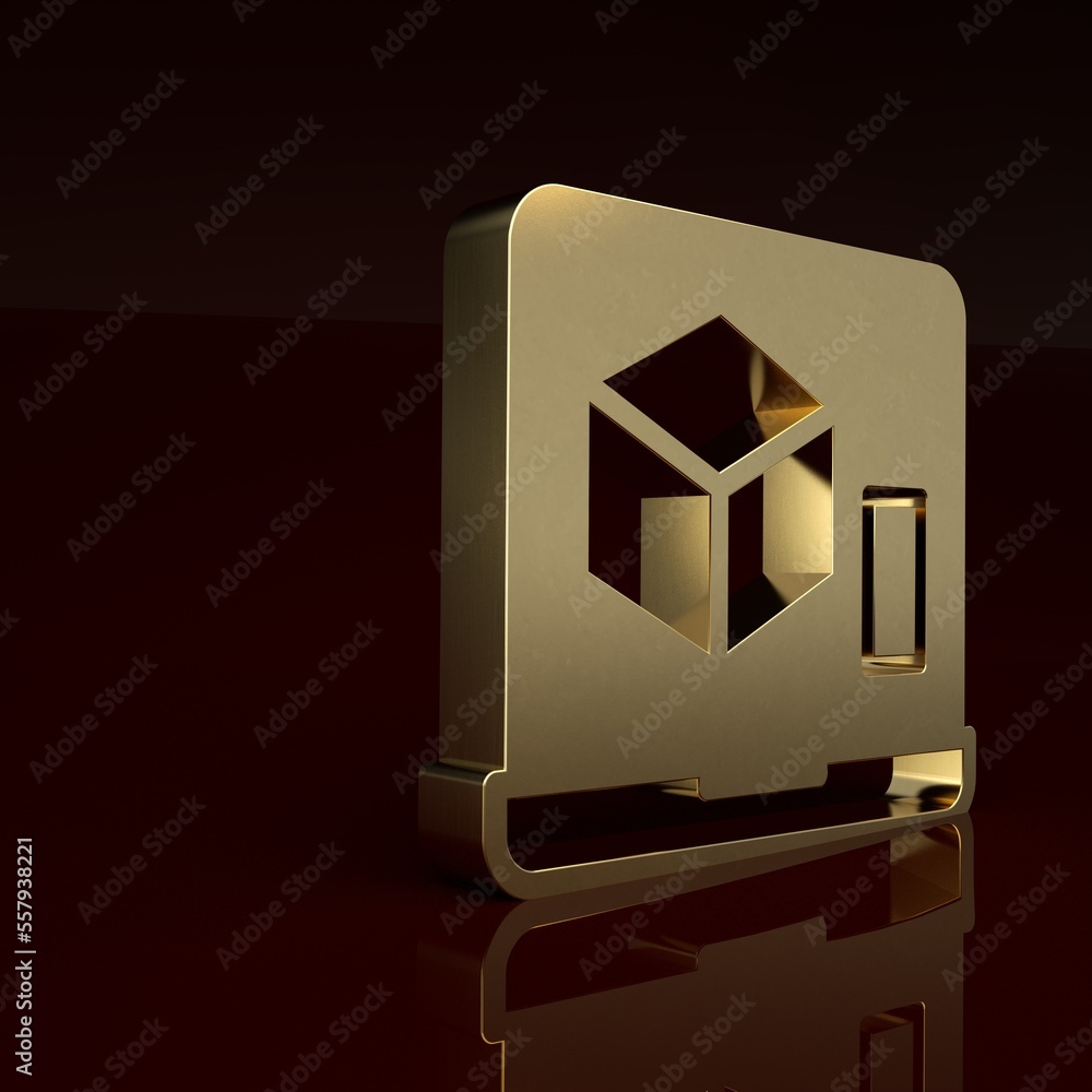 Gold 3D printer icon isolated on brown background. 3d printing. Minimalism concept. 3D render illust