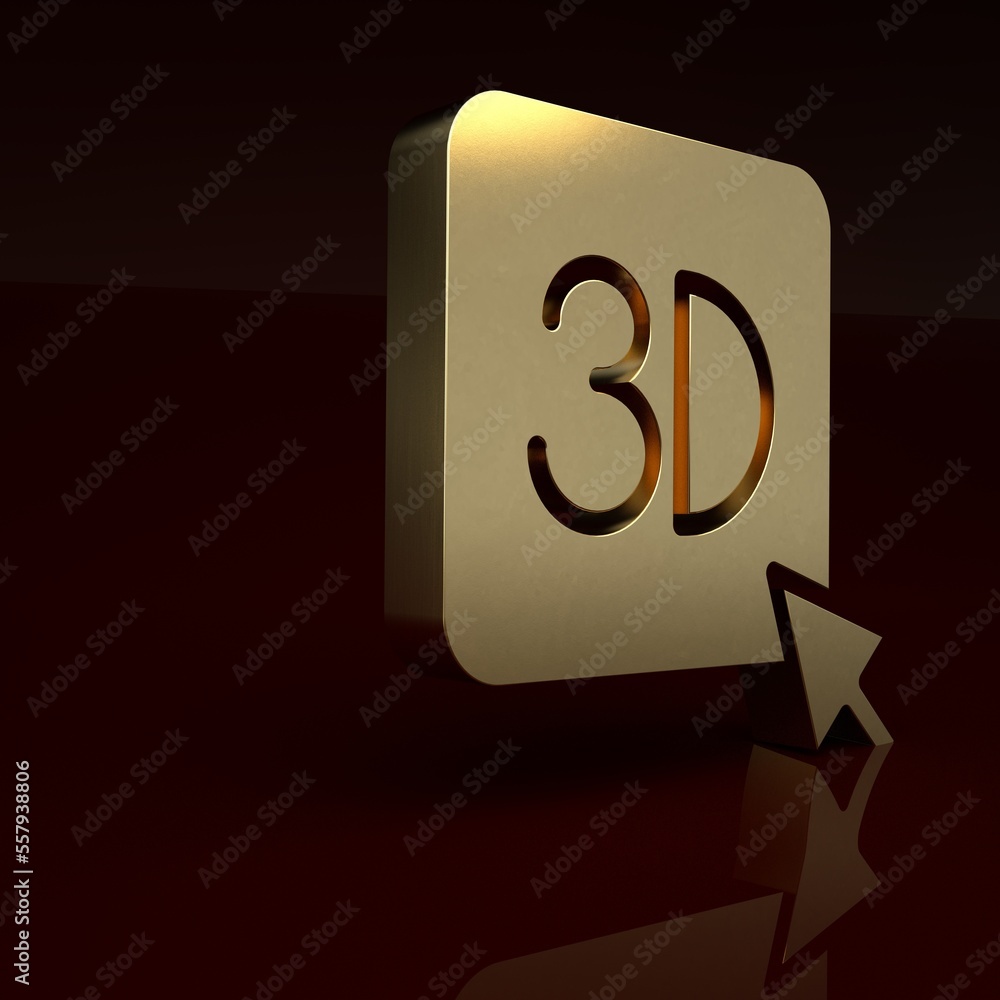 金色3D打印机图标隔离在棕色背景上。3D打印。极简主义概念。3D渲染插图