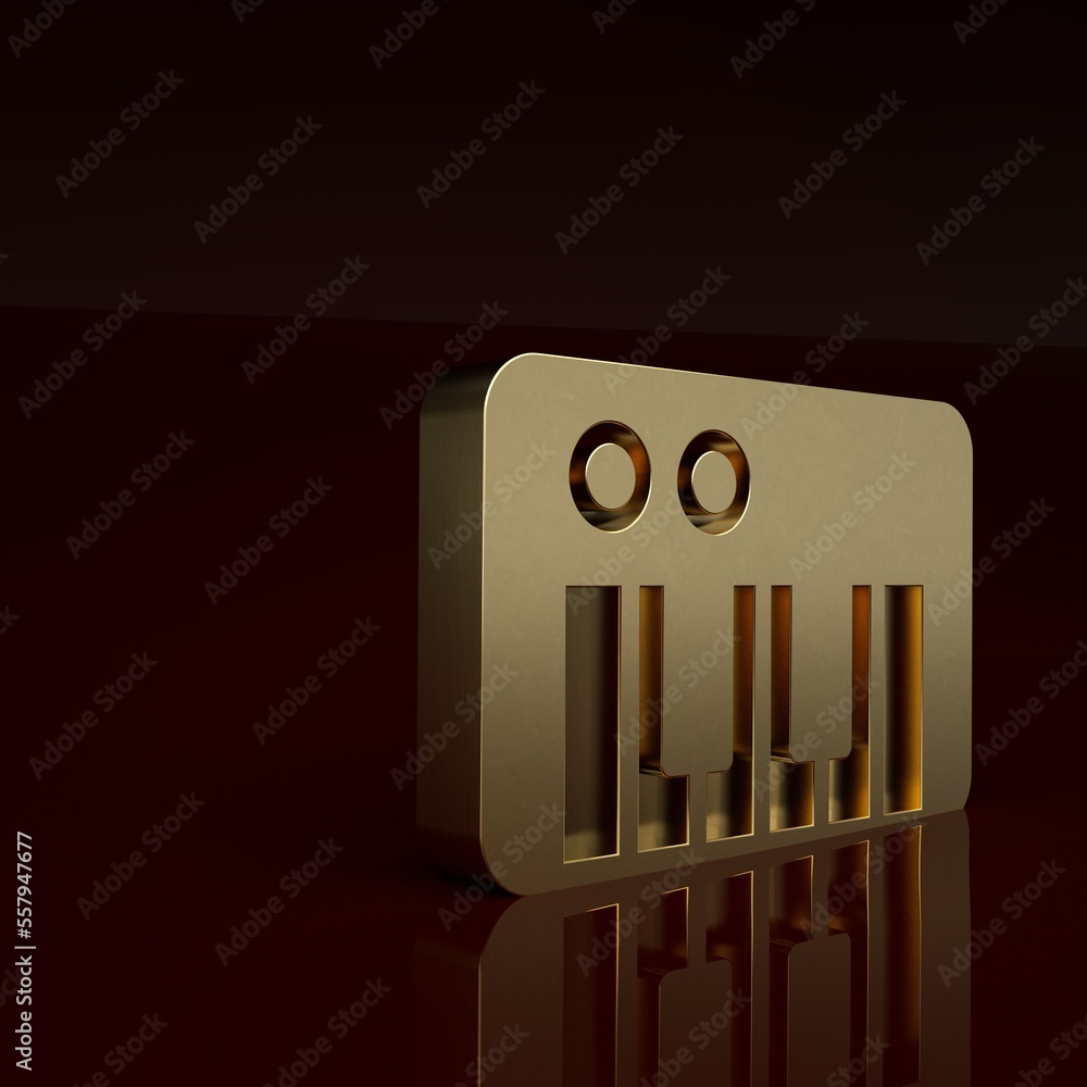 金色音乐合成器图标隔离在棕色背景上。电子钢琴。极简主义概念。3D r