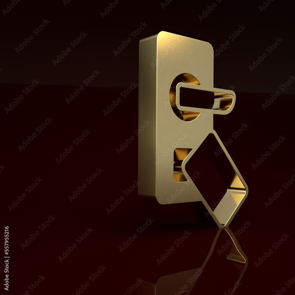 Gold Digital door lock with wireless technology for unlock icon isolated on brown background. Door h