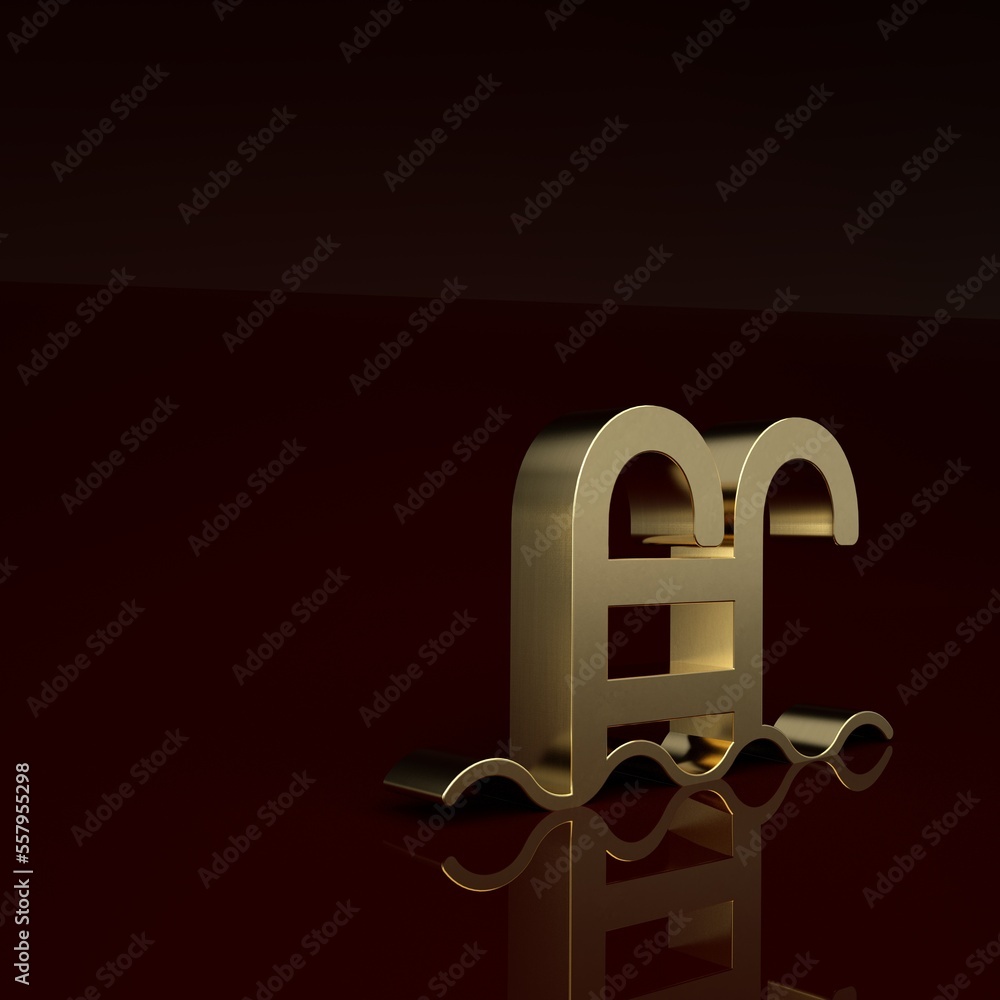 Gold Swimming pool with ladder icon isolated on brown background. Minimalism concept. 3D render illu