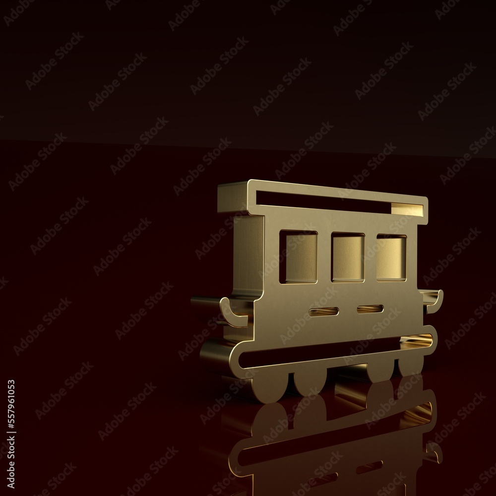 Gold Passenger train cars toy icon isolated on brown background. Railway carriage. Minimalism concep