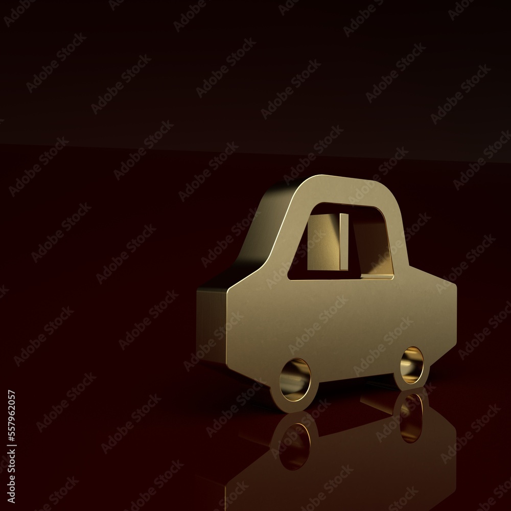棕色背景上的金色玩具车图标。极简主义概念。3D渲染插图