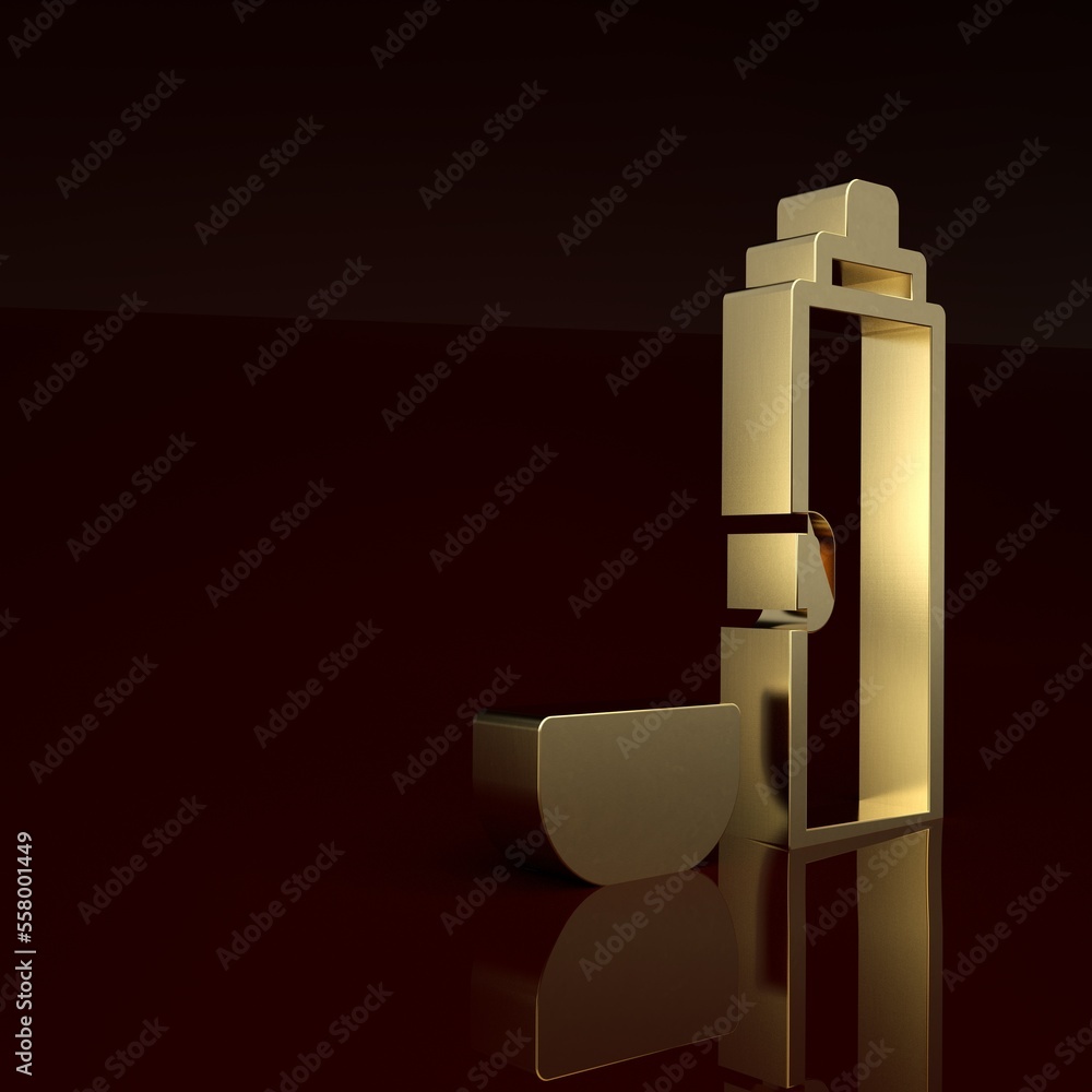Gold Thermos container icon isolated on brown background. Thermo flask icon. Camping and hiking equi