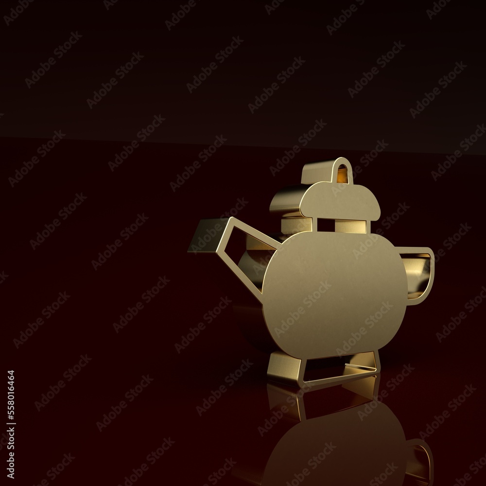 金色传统中式茶道图标，棕色背景。带杯子的茶壶。极简主义