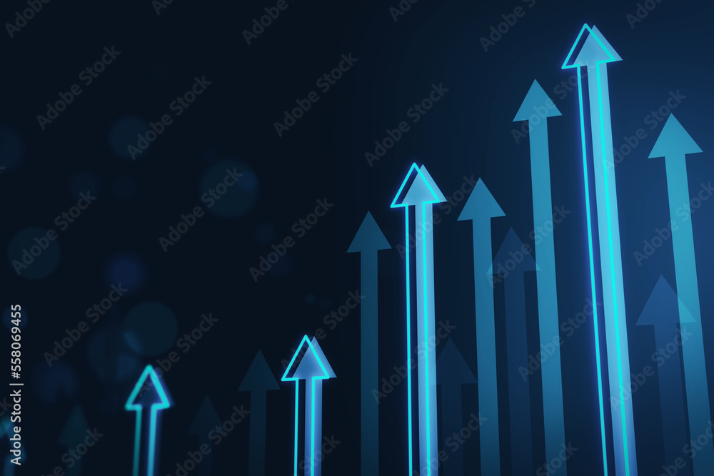 在抽象的黑暗背景下成长的数字蓝色箭头的增长和商业成功概念。