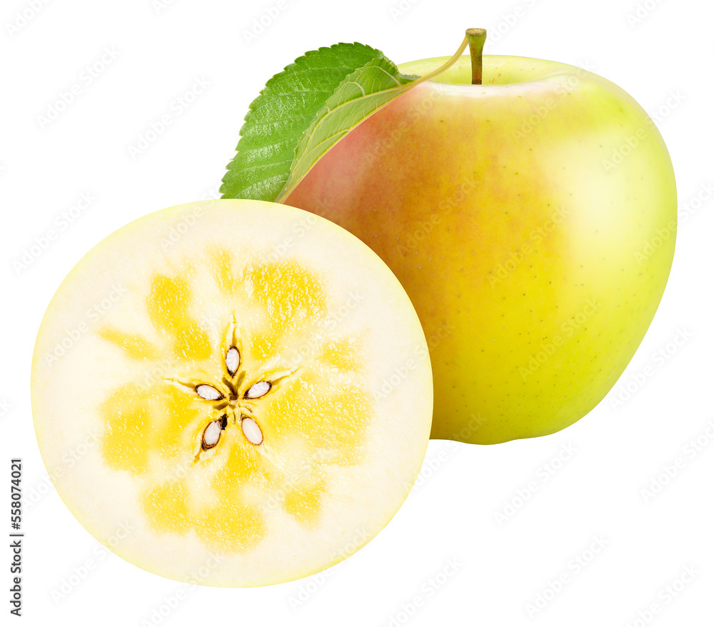 日本绿Orin蜜核苹果白底，鲜黄色和绿色苹果白底PNG