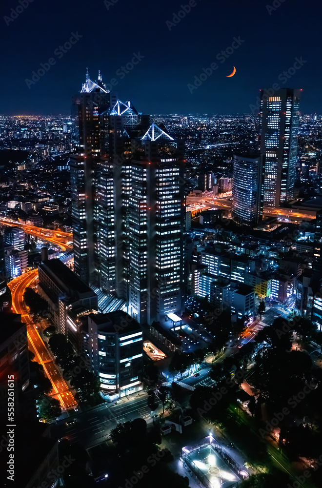 摩天大楼耸立在日本东京西新宿的夜景之上