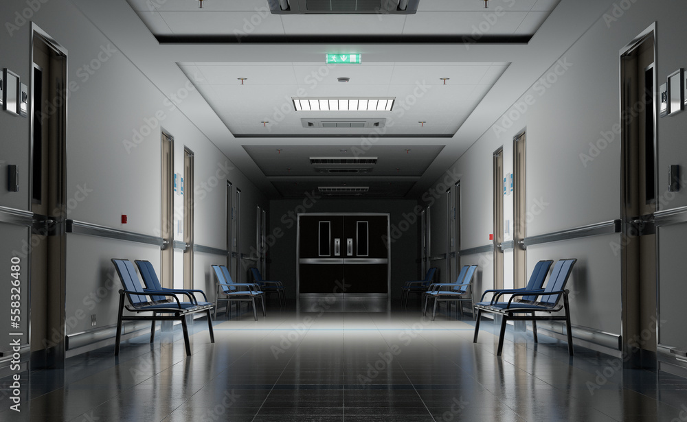 长长的深色医院走廊，配有房间和座椅3D渲染。空的事故和急诊室内