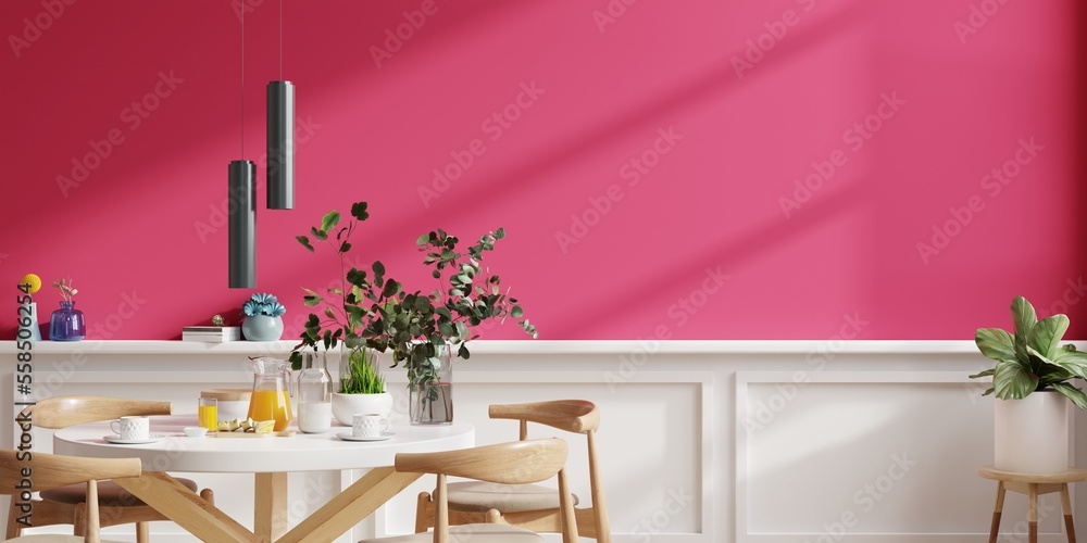 现代风格的餐厅室内设计，以活泼的洋红色墙壁为背景。