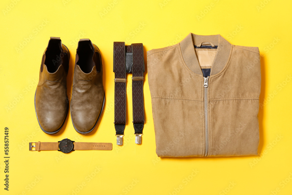 黄底男夹克、鞋、吊带、手表