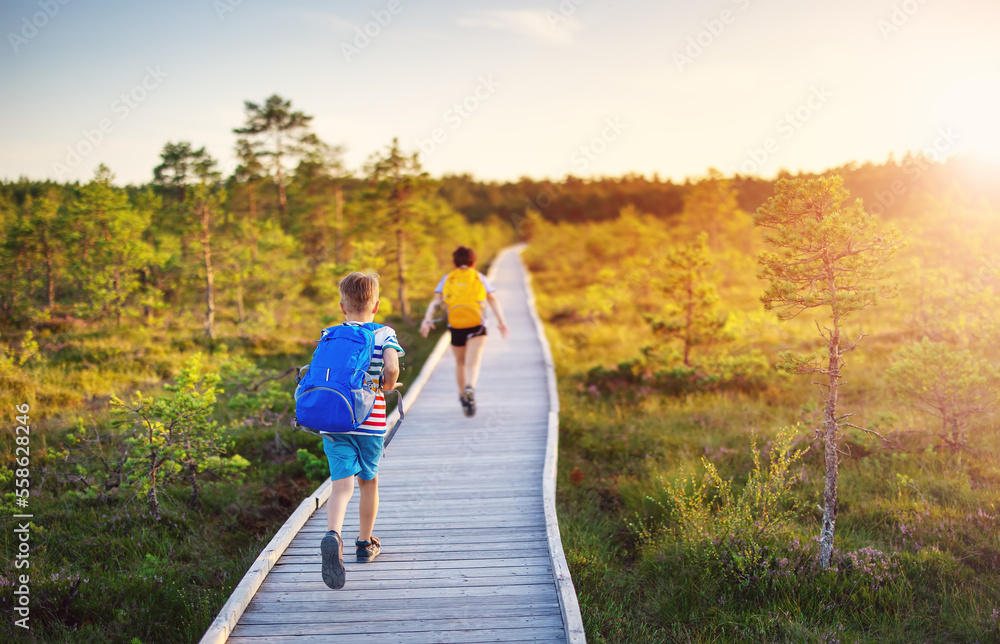 Children running on the boardwalk on bog.