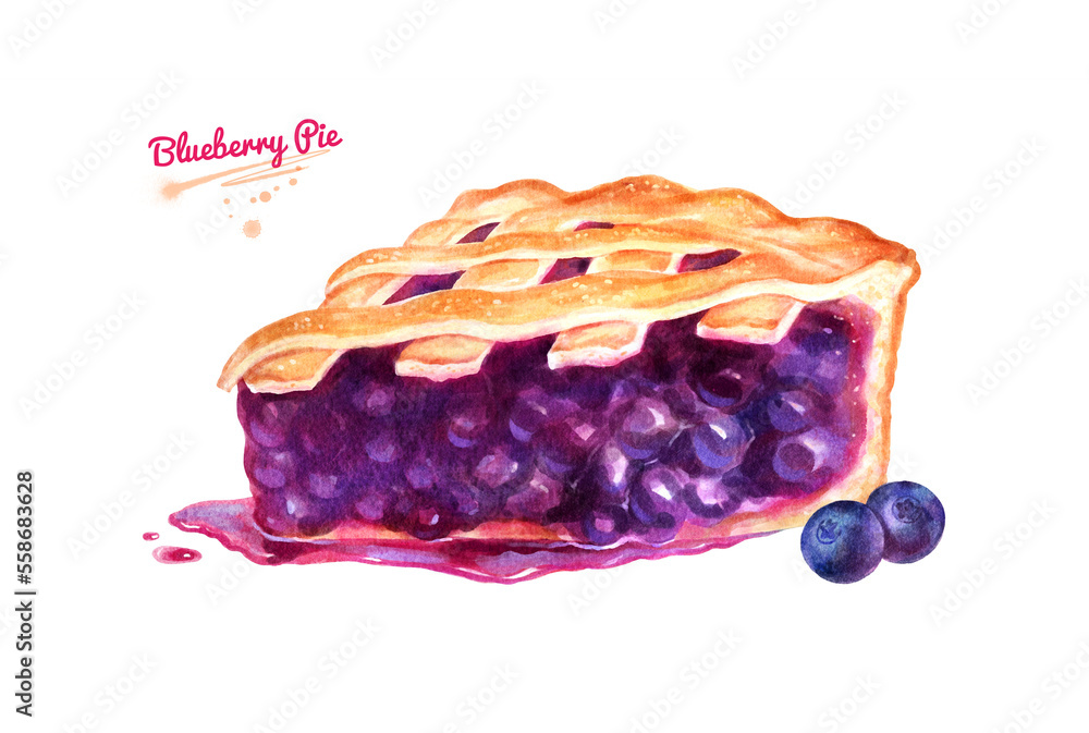 Hand painted watercolor illustration of Blueberry Pie on white background