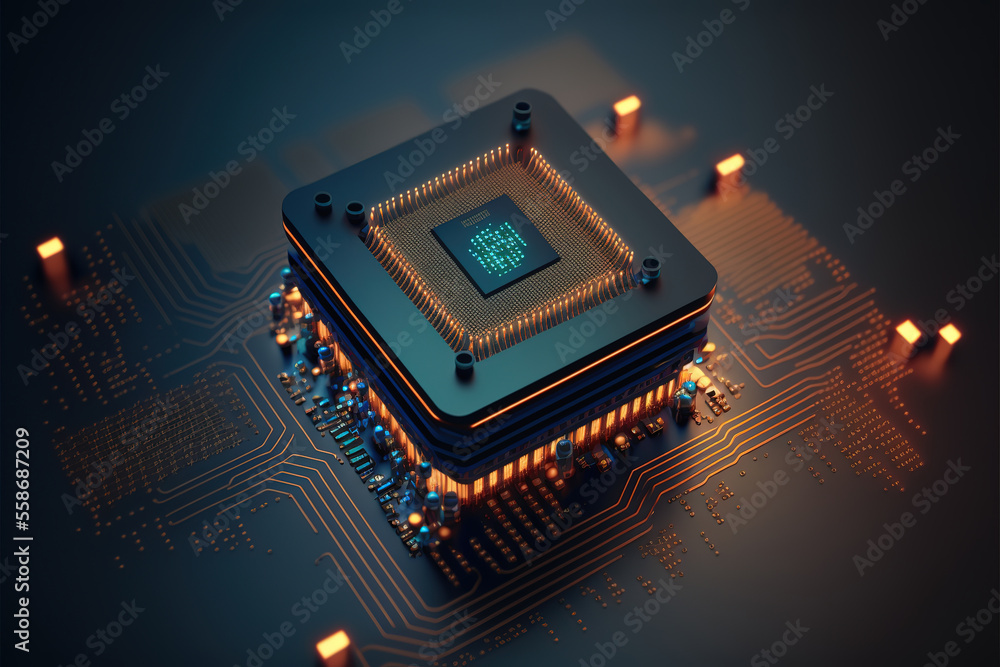 未来主义蓝橙霓虹微芯片，数据交换和收集，智能新微芯片概念