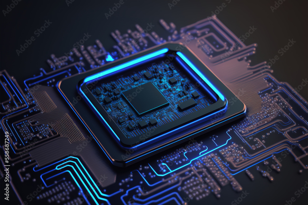 未来主义的蓝色霓虹微芯片，数据交换和收集概念。量子计算机，大数据p