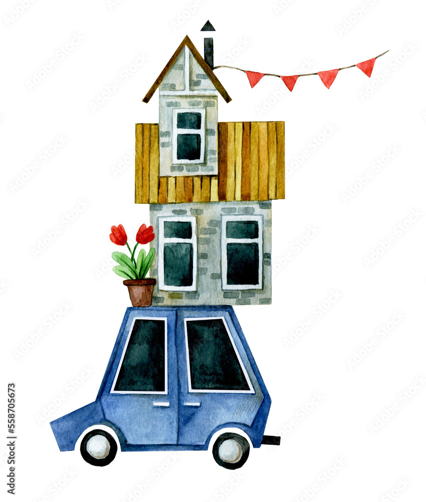 水彩画。屋顶汽车。以旅行、搬家、露营为主题的可爱儿童插图