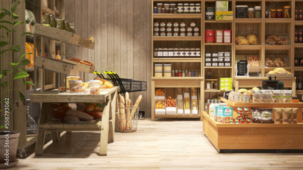 模糊的有机、环保的素食杂货店、木墙面包店、镶木地板、多种多样