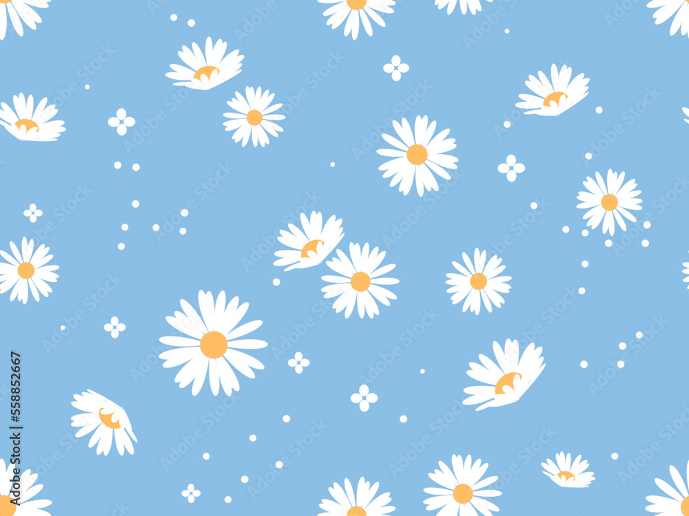 蓝色背景矢量插图上有雏菊和圆点的无缝图案。可爱的花朵图案