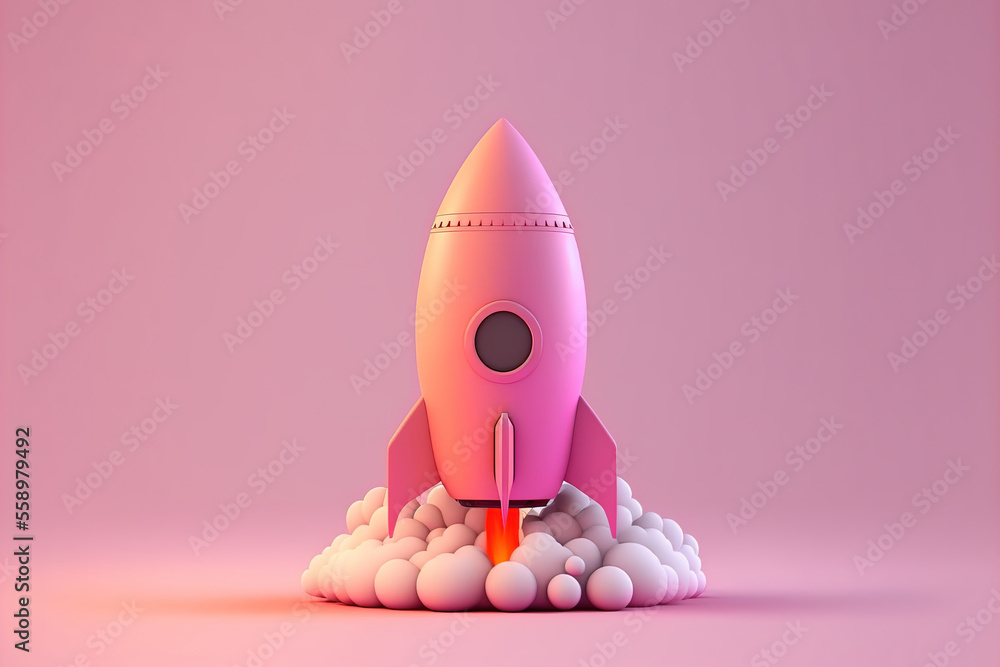 3D pink Rocket launch on pink background, Spaceship icon, startup business concept. 3d render illust