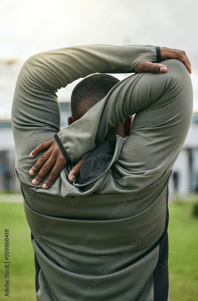 Fitness, back and stretching with a sports black man outdoor for a warm up before exercise or workou