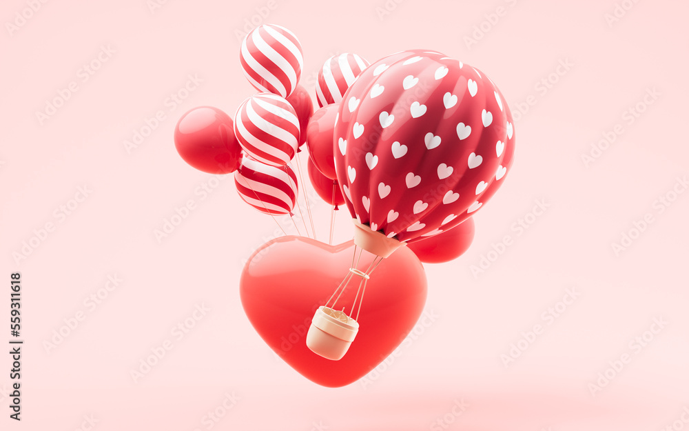 热气球和爱心造型，3d渲染。
