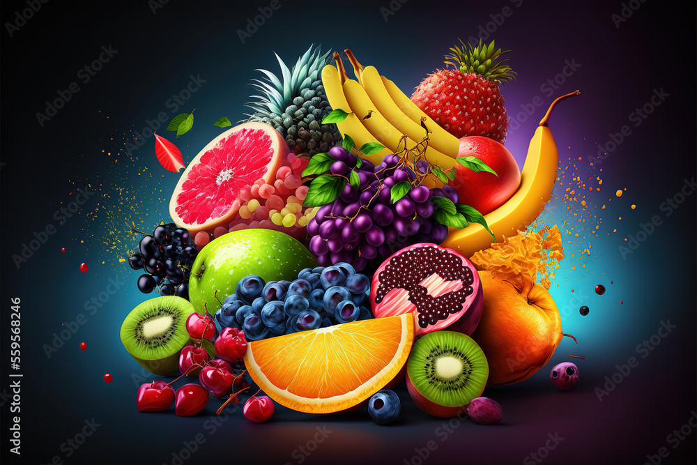 Fresh fruits assorted fruits colorful background.Vitamins natural nutrition concept. (ai generated)