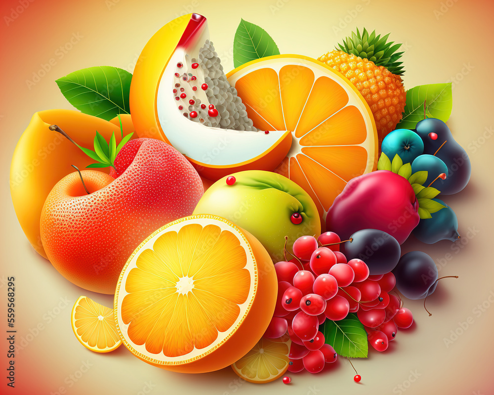 新鲜水果什锦水果彩色背景。维生素天然营养概念。（人工智能生成）