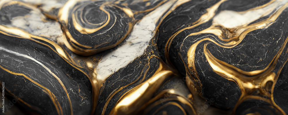 华丽的现代大理石花纹绘画抽象设计黑色和金色波浪纹图案纹理大理石