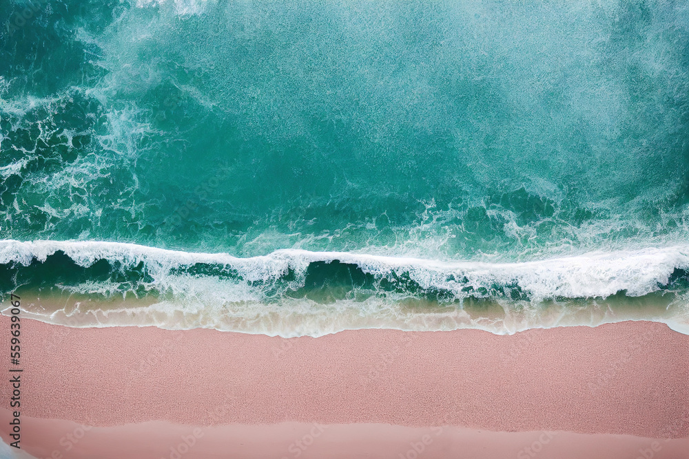 美丽的粉红色海滩的无人机照片的壮观俯视图。世代人工智能。