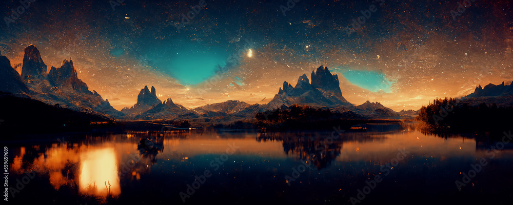 人工智能生成了星光闪烁的夜晚美丽的山和湖的自然背景，
