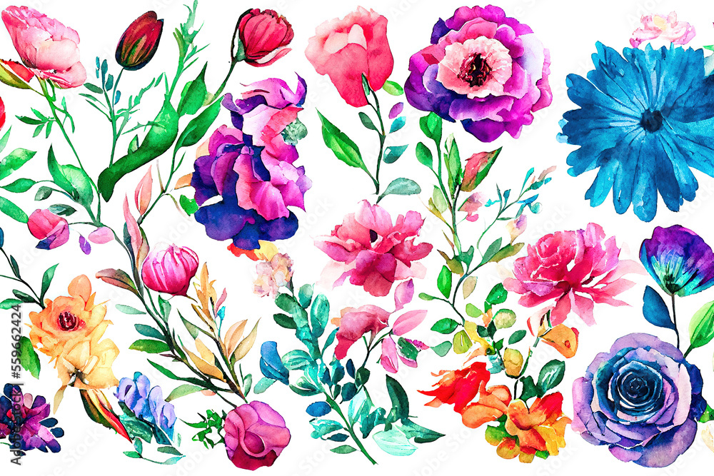 Flower bouquet set watercolor pieces of artwork design. Spring and summer flower nature in style of 
