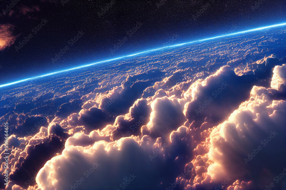 平流层中地球大气层上方的壮丽背景云景，有一个星系和b