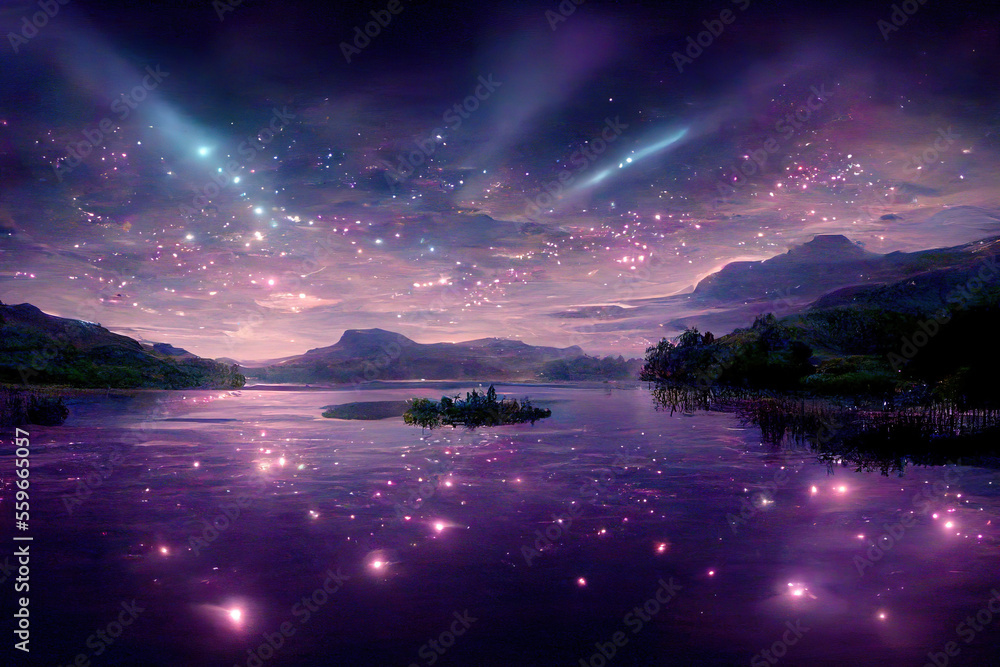 星夜湖，明亮的星星在天空地平线上闪耀，反射在光滑的湖面上，湖面上有灿烂的n