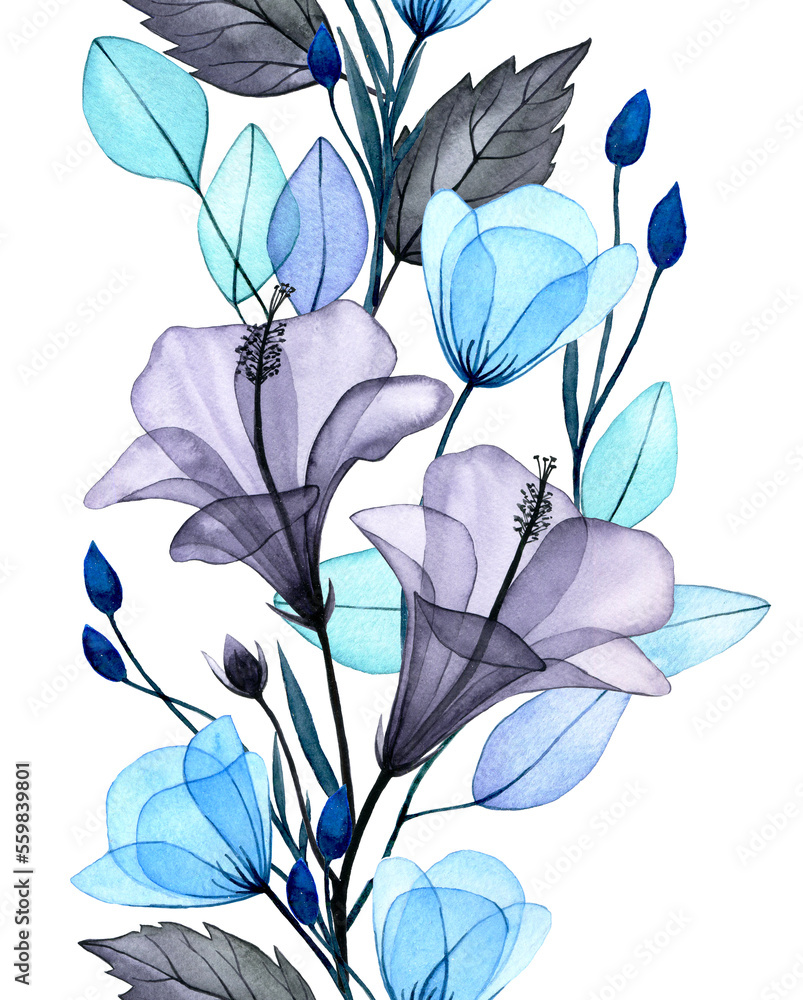 透明木槿花的水彩无缝边界。灰色和蓝色流动的精致印花