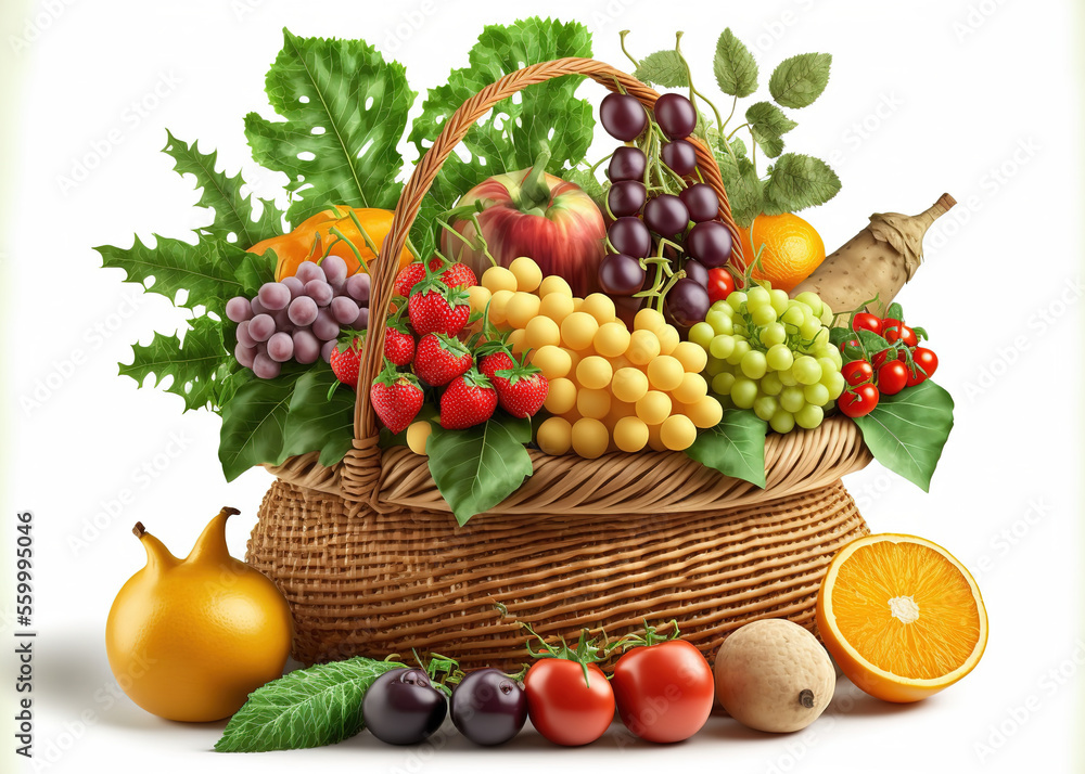Assorted organic vegetables and fruits in wicker basket isolated on white background. (ai generated)