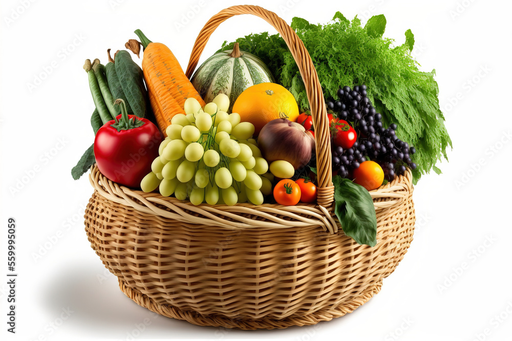 在白色背景下分离的柳条篮中的各种有机蔬菜和水果。（人工智能生成）