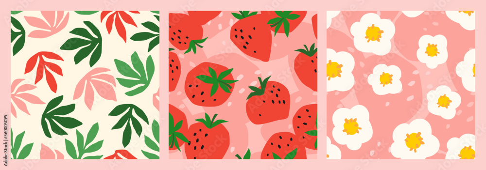 草莓色花朵无缝图案。纸张、封面、面料和内饰的矢量抽象设计