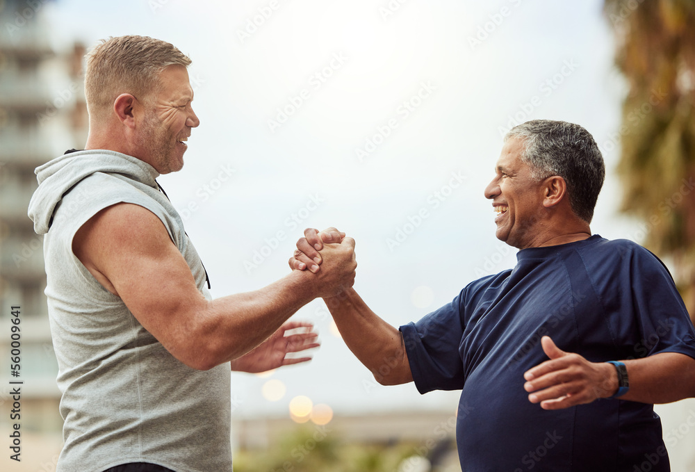 Old man, fitness and people handshake for health, lose weight or wellness thank you, support and acc