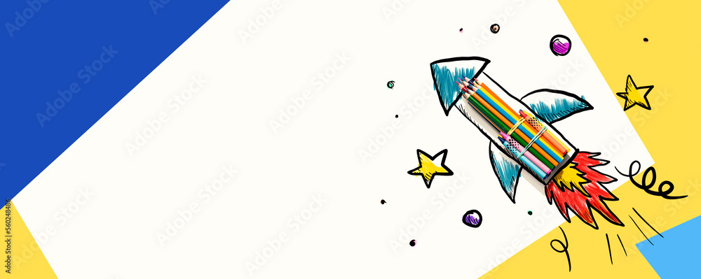 用手绘火箭和彩色铅笔返校主题
