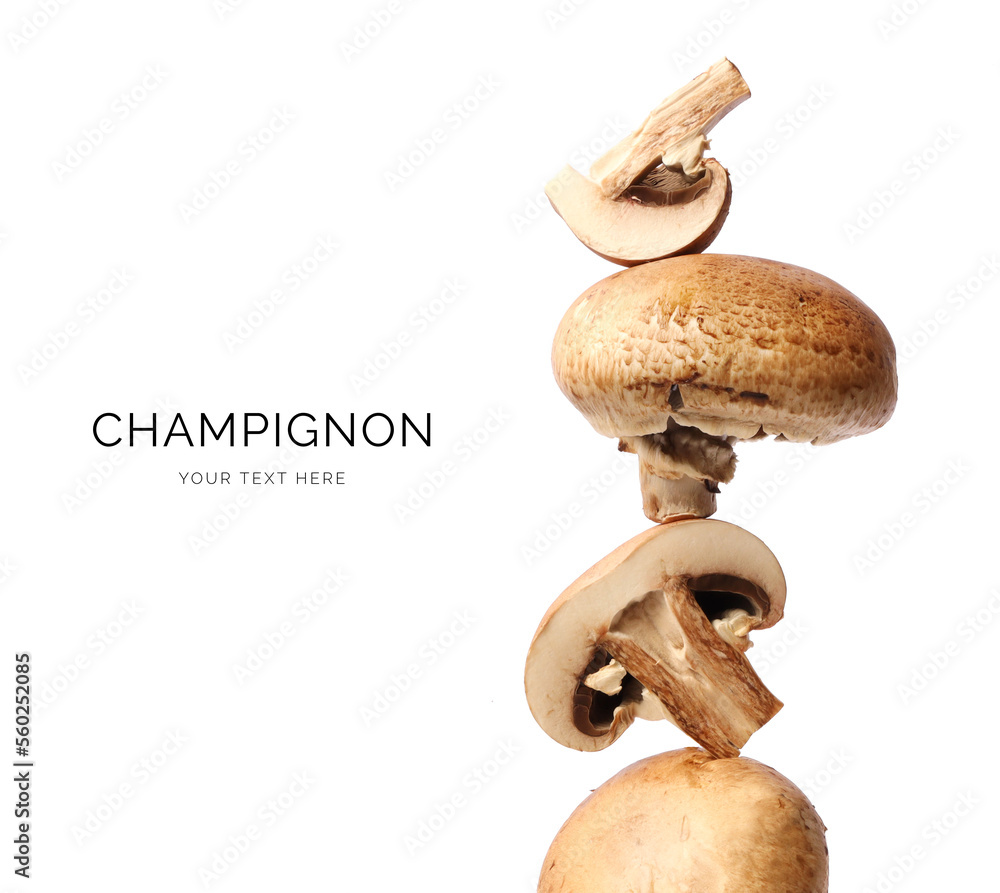 Creative layout made of champignons  on the white background. Flat lay. Food concept. Macro  concept