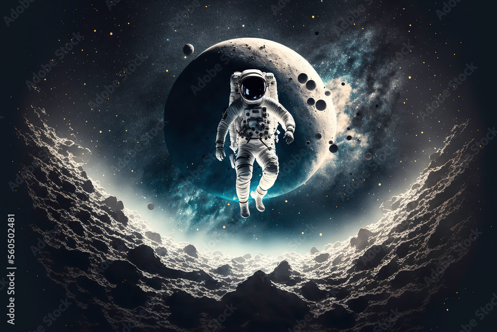 漂浮在月球上空的宇航员——太空人中穿着太空服的科幻人物的3D插图