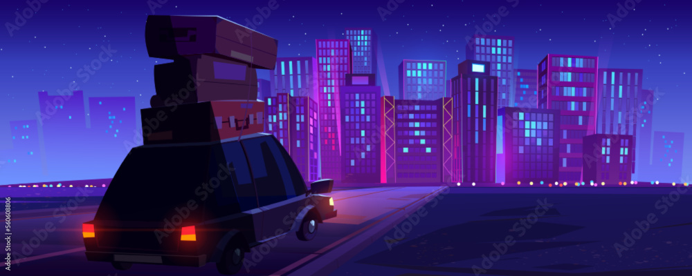 Car with baggage driving road to big city at night. Cartoon vector illustration of auto heading for 
