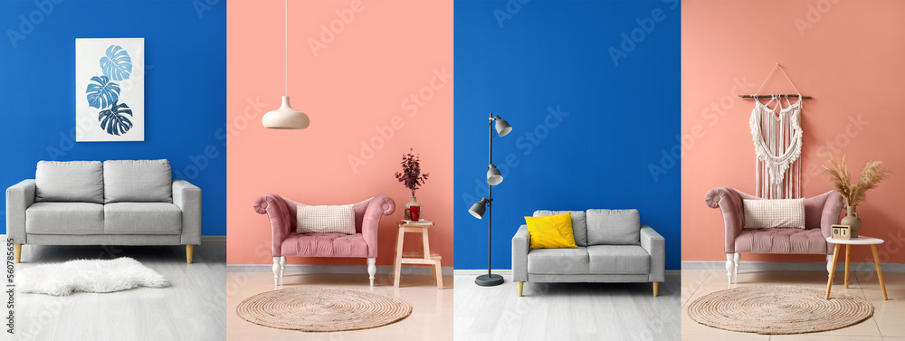 Collage of trendy sofas in stylish interiors of living room