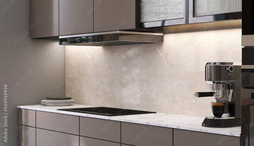 豪华现代大理石棕色厨房台面，配有白色大理石台面、橱柜、橱柜和米色