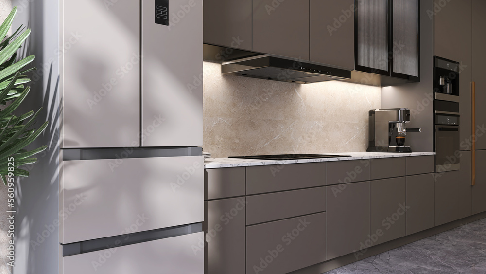 Luxury, modern marble brown kitchen counter with white marble countertop, cabinet, cupboard and beig