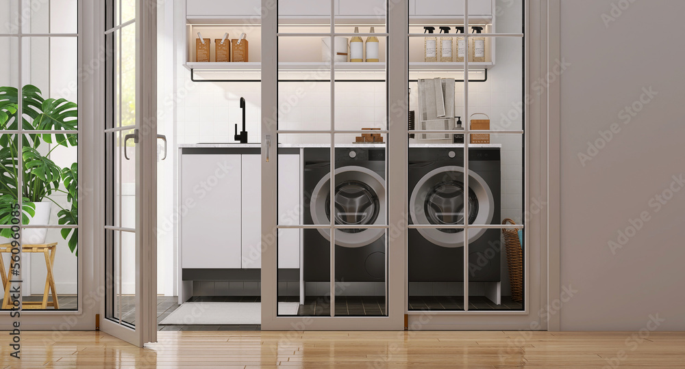 现代设计的洗衣房白框玻璃板门，带两台黑色洗衣机，橱柜