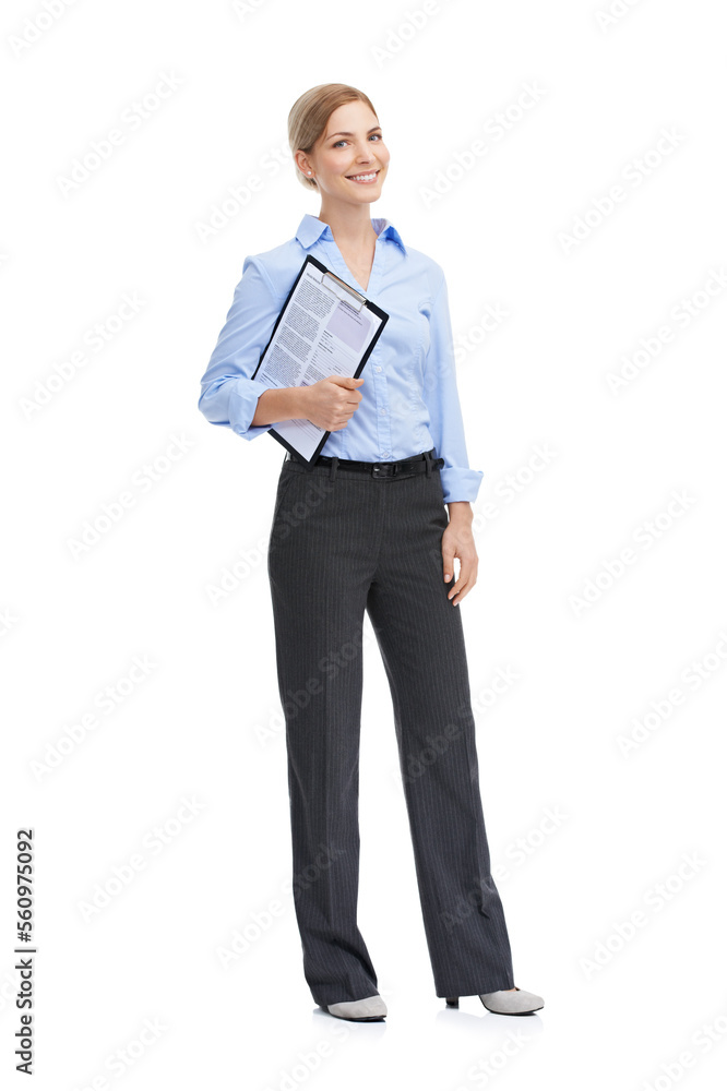 照片、文件和评论，一位商业女性在工作室里，白色背景，手里拿着一个控制器