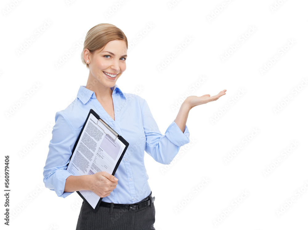 Portrait, documents and mockup with a business woman in studio on a white background for product res