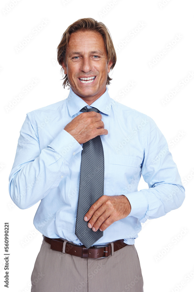 商务人士，领带和微笑，一位对公司工作感到满意的模特的肖像，白底。Iso