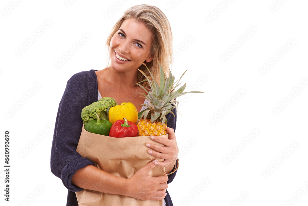 Shopping, portrait or happy woman with vegetables, fruit or healthy food in studio on white backgrou